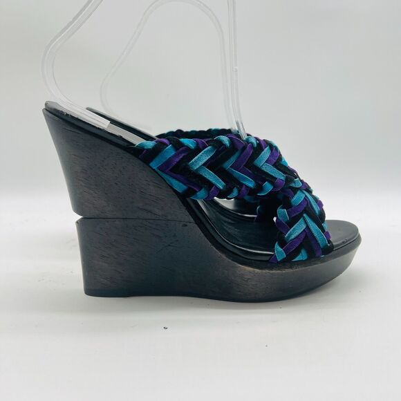 Diane Von Furstenberg Shoes Womens 7 Black Blue Platform Wedge Chevron Heels Y2K - Picture 1 of 10